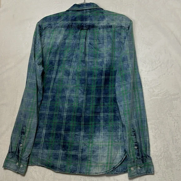 Zip Code 1992 Zara Men’s Blue Green Plaid Distressed Button Down Shirt Medium - Picture 4 of 6